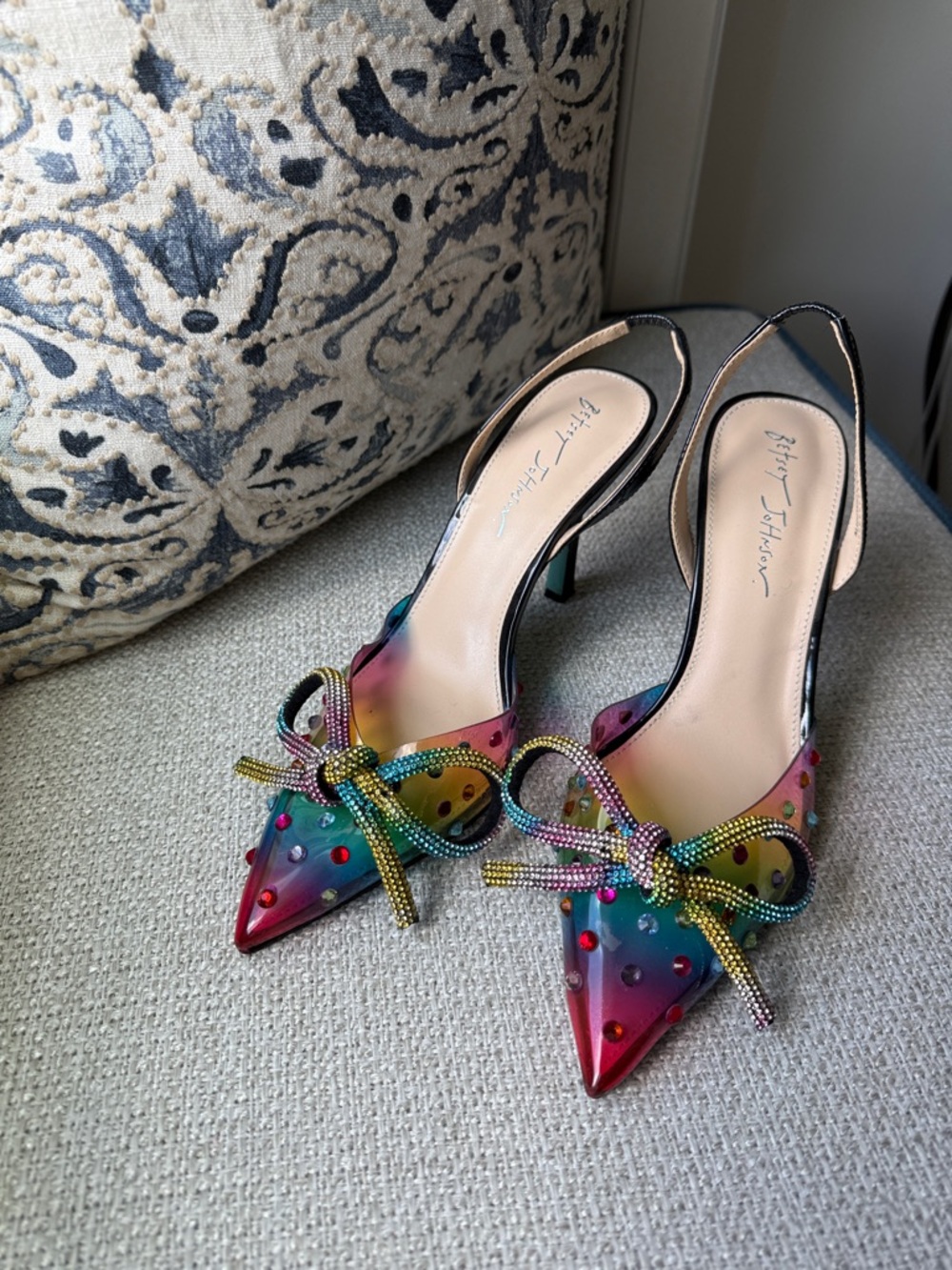 Betsey Johnson Rainbow Ombre Pointed Toe Slingback Heels with Rhinestone Bow